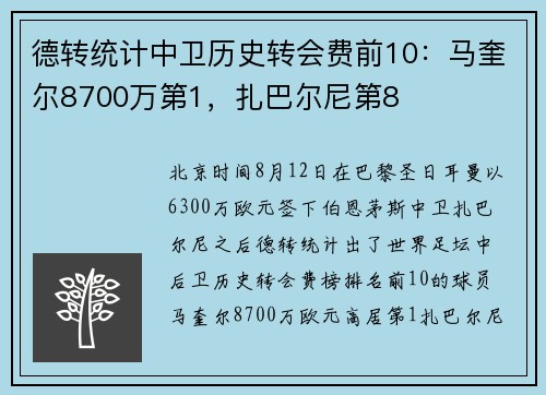 德转统计中卫历史转会费前10：马奎尔8700万第1，扎巴尔尼第8